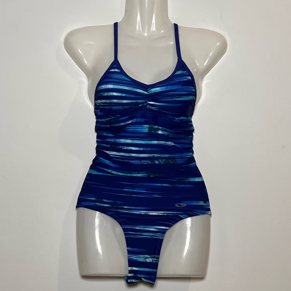 Champion C9 Blues & White Paint Splatter Pattern Mesh Racerback Swimsuit - Picture 1 of 12